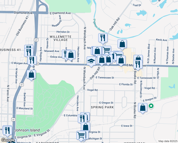 map of restaurants, bars, coffee shops, grocery stores, and more near 1500 Oak Hill Road in Evansville