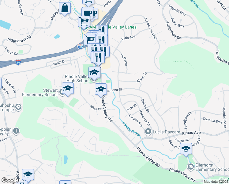 map of restaurants, bars, coffee shops, grocery stores, and more near 2352 Ramona Street in Pinole