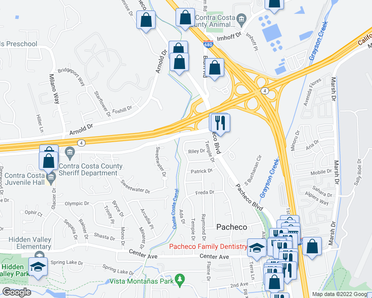 map of restaurants, bars, coffee shops, grocery stores, and more near 1127 Temple Drive in Pacheco