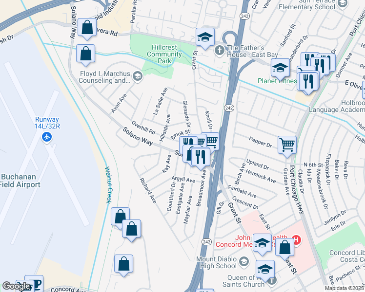 map of restaurants, bars, coffee shops, grocery stores, and more near 2082 Overhill Road in Concord