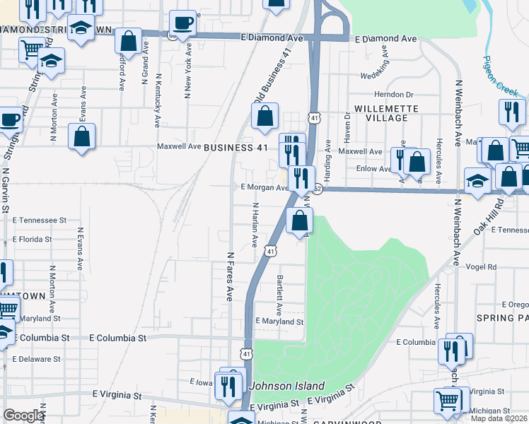 map of restaurants, bars, coffee shops, grocery stores, and more near 1406 North Harlan Avenue in Evansville