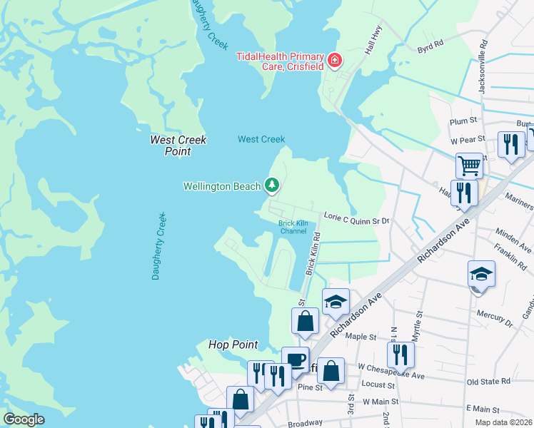 map of restaurants, bars, coffee shops, grocery stores, and more near 108A Waters Edge in Crisfield