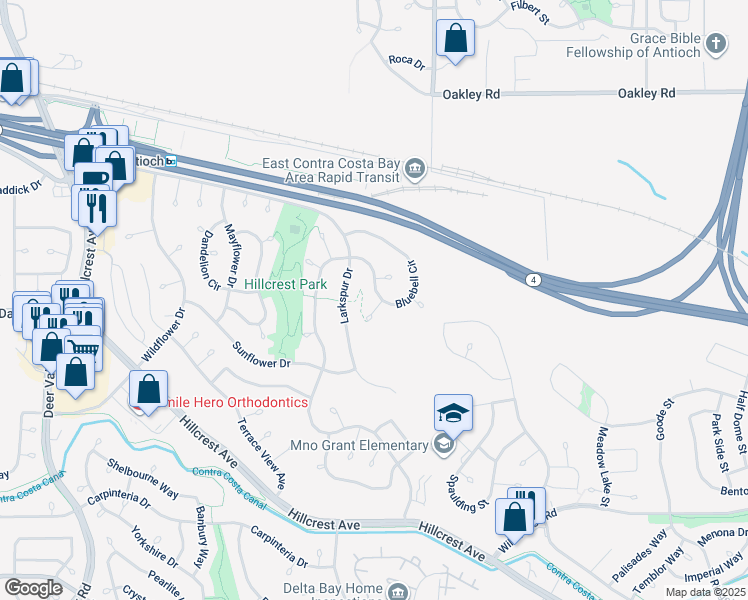 map of restaurants, bars, coffee shops, grocery stores, and more near 2929 Bluebonnet Court in Antioch