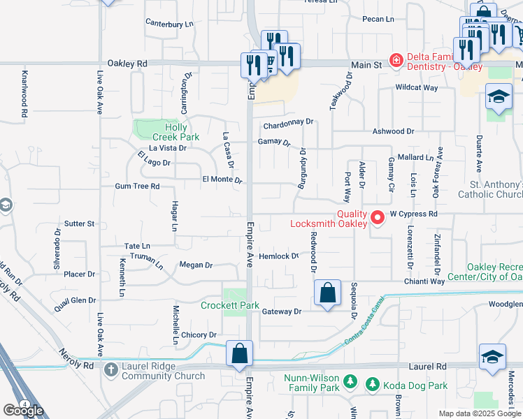 map of restaurants, bars, coffee shops, grocery stores, and more near 1964 West Cypress Road in Oakley