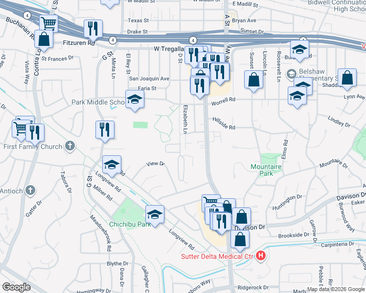 map of restaurants, bars, coffee shops, grocery stores, and more near 3120 Elizabeth Lane in Antioch