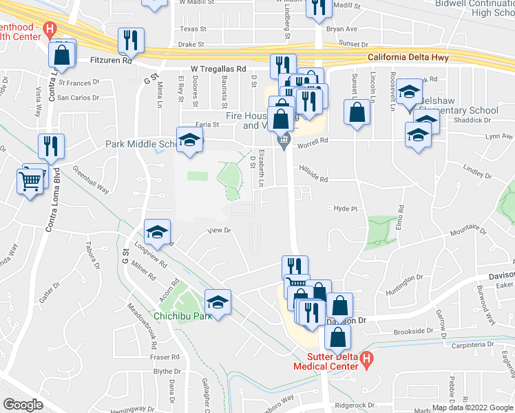 map of restaurants, bars, coffee shops, grocery stores, and more near 3120 Elizabeth Lane in Antioch
