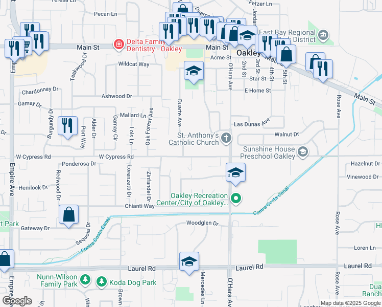 map of restaurants, bars, coffee shops, grocery stores, and more near 1204 West Cypress Road in Oakley