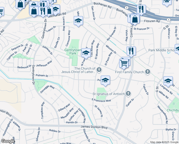 map of restaurants, bars, coffee shops, grocery stores, and more near 3026 El Monte Court in Antioch