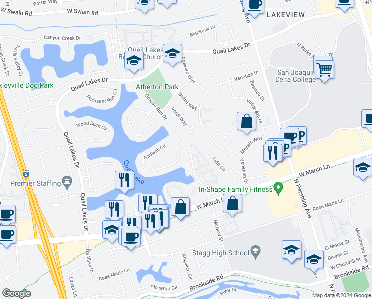 map of restaurants, bars, coffee shops, grocery stores, and more near 4981 Gadwall Circle in Stockton