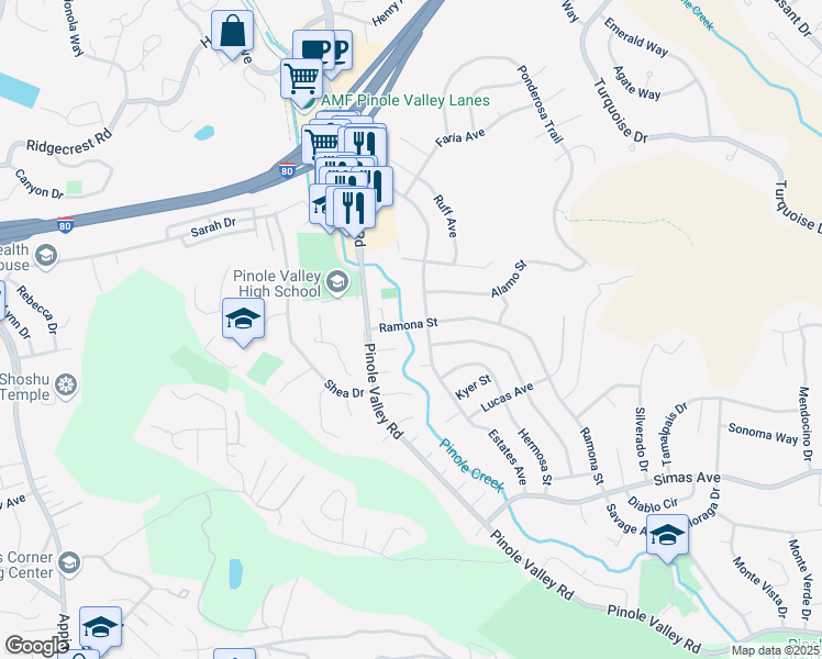 map of restaurants, bars, coffee shops, grocery stores, and more near 2352 Ramona Street in Pinole