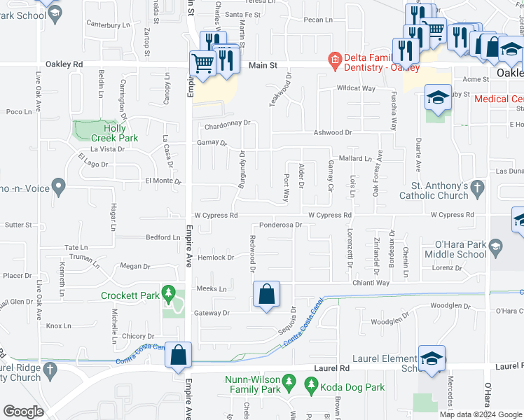 map of restaurants, bars, coffee shops, grocery stores, and more near 1760 West Cypress Road in Oakley