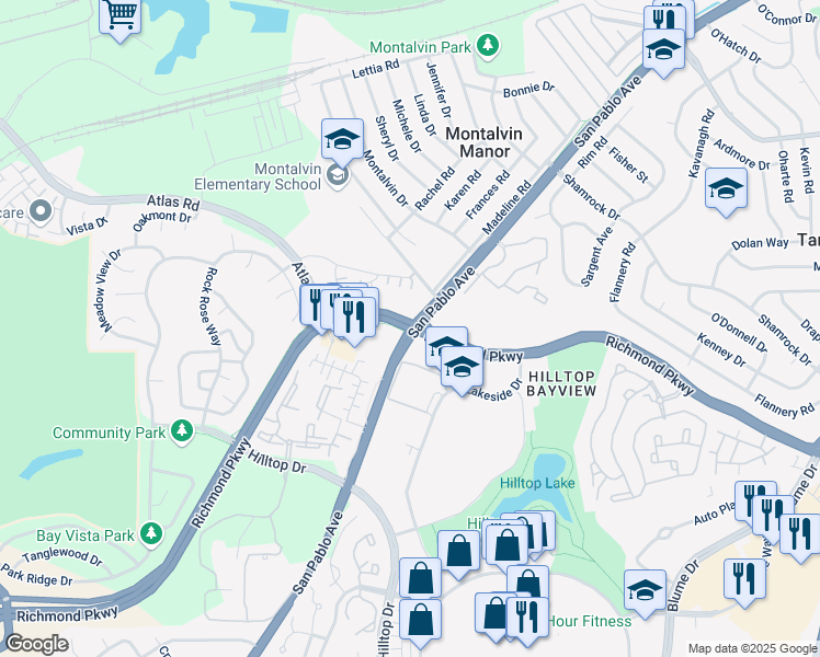 map of restaurants, bars, coffee shops, grocery stores, and more near San Pablo Avenue & Richmond Parkway in Richmond