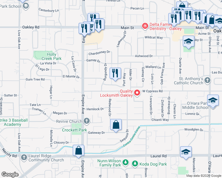 map of restaurants, bars, coffee shops, grocery stores, and more near 1770 Ponderosa Drive in Oakley