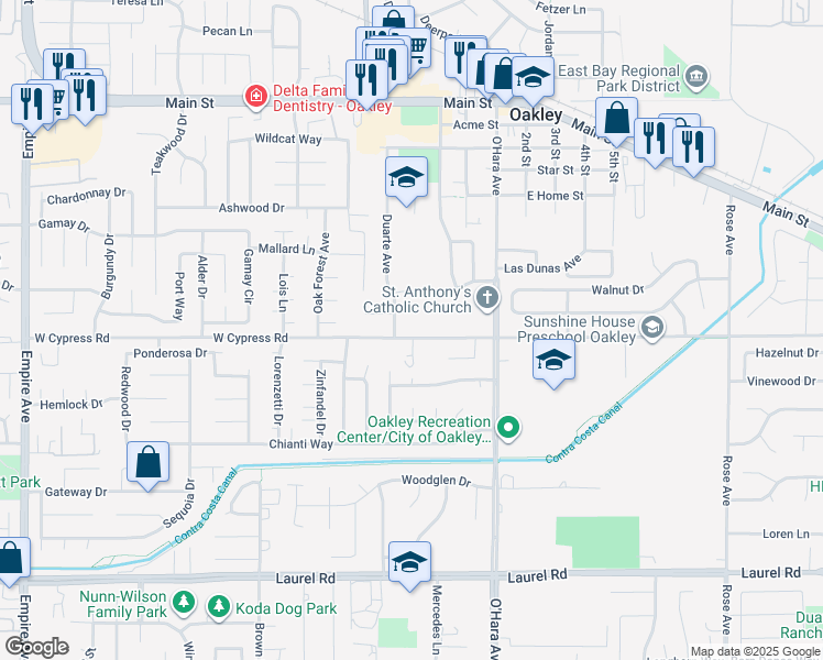 map of restaurants, bars, coffee shops, grocery stores, and more near 1204 West Cypress Road in Oakley