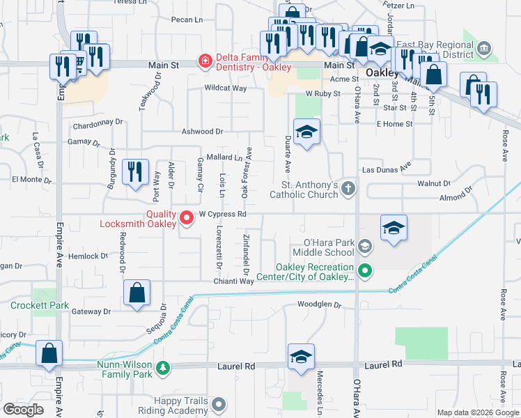 map of restaurants, bars, coffee shops, grocery stores, and more near 1433 West Cypress Road in Oakley
