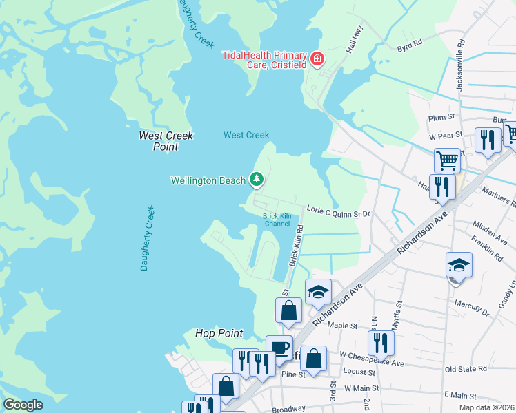 map of restaurants, bars, coffee shops, grocery stores, and more near 108A Waters Edge in Crisfield