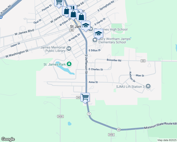 map of restaurants, bars, coffee shops, grocery stores, and more near 602 South Jefferson Street in Saint James