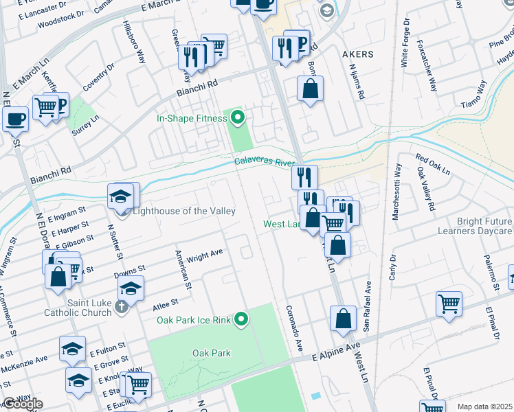 map of restaurants, bars, coffee shops, grocery stores, and more near 4201 Coronado Avenue in Stockton