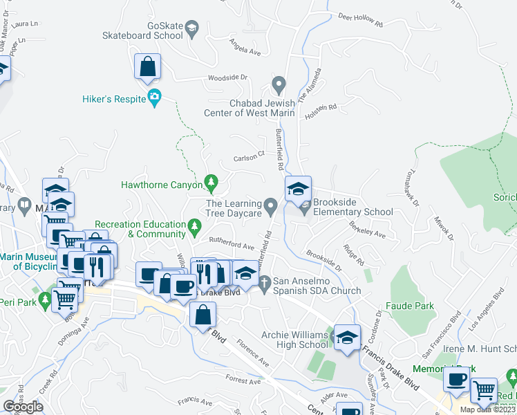 map of restaurants, bars, coffee shops, grocery stores, and more near 19 Rosemont Avenue in San Anselmo