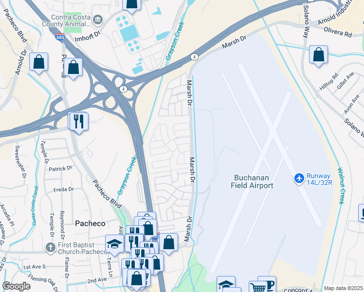 map of restaurants, bars, coffee shops, grocery stores, and more near 220 Aria Drive in Pacheco