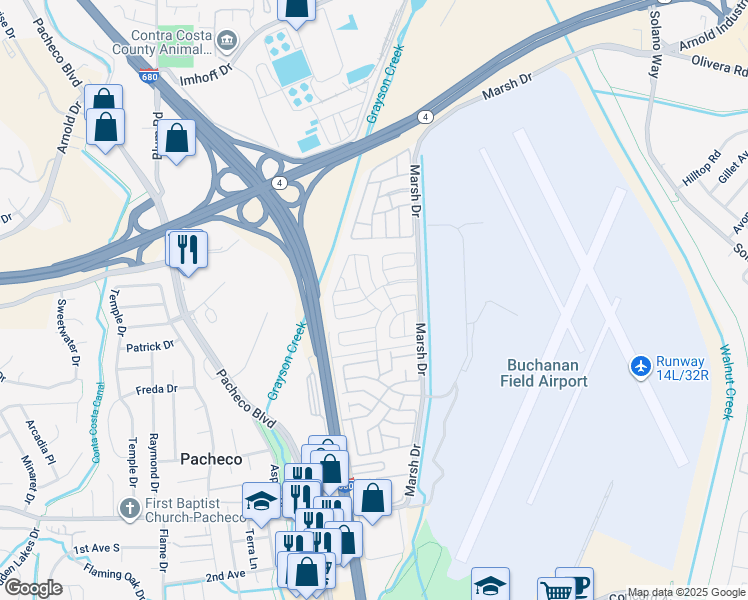 map of restaurants, bars, coffee shops, grocery stores, and more near 189 Suez Drive in Pacheco