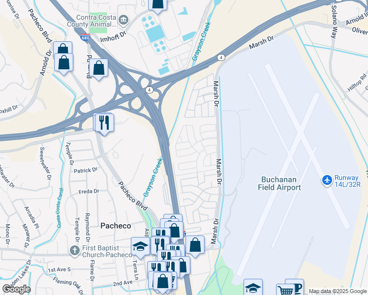 map of restaurants, bars, coffee shops, grocery stores, and more near 281 Aria Drive in Pacheco