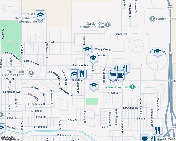 map of restaurants, bars, coffee shops, grocery stores, and more near 2600-2712 Fleming Street in Garden City