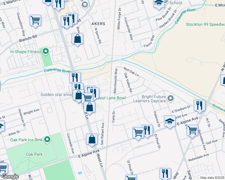 map of restaurants, bars, coffee shops, grocery stores, and more near 3906 Marchesotti Way in Stockton
