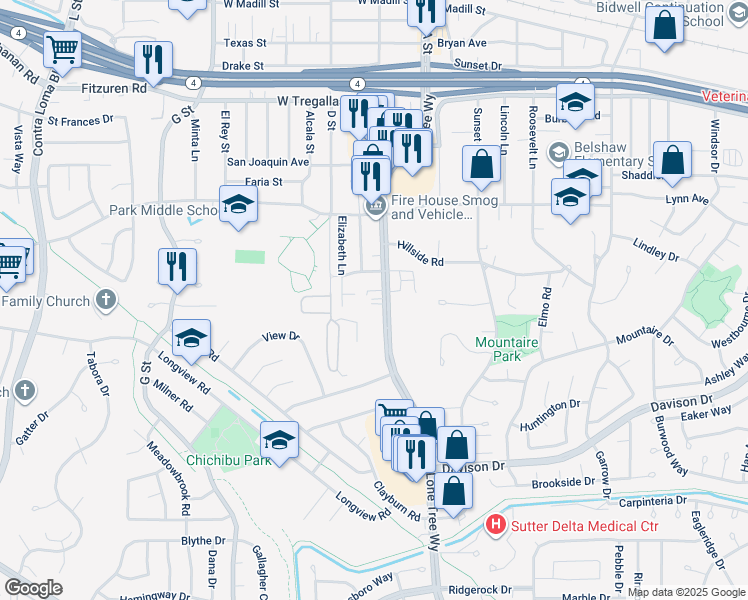 map of restaurants, bars, coffee shops, grocery stores, and more near 3126 Lone Tree Way in Antioch