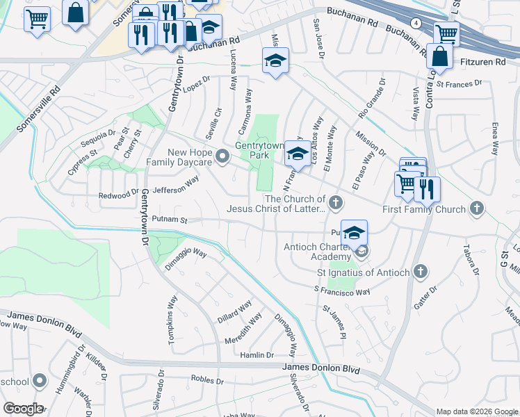 map of restaurants, bars, coffee shops, grocery stores, and more near 1701 Harding Way in Antioch