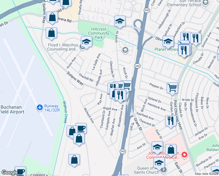 map of restaurants, bars, coffee shops, grocery stores, and more near 2089 Solano Way in Concord