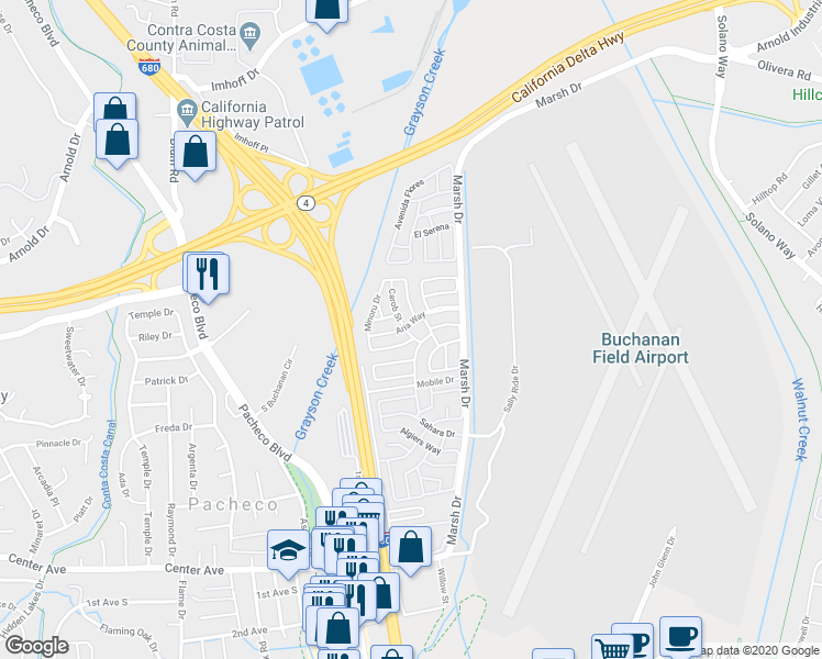 map of restaurants, bars, coffee shops, grocery stores, and more near 241 Carob Way in Pacheco