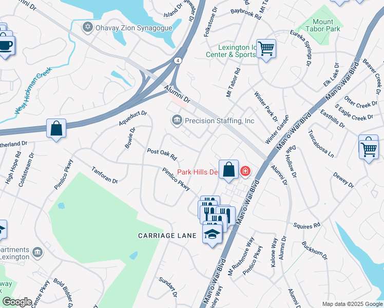 map of restaurants, bars, coffee shops, grocery stores, and more near 3201 Post Oak Court in Lexington