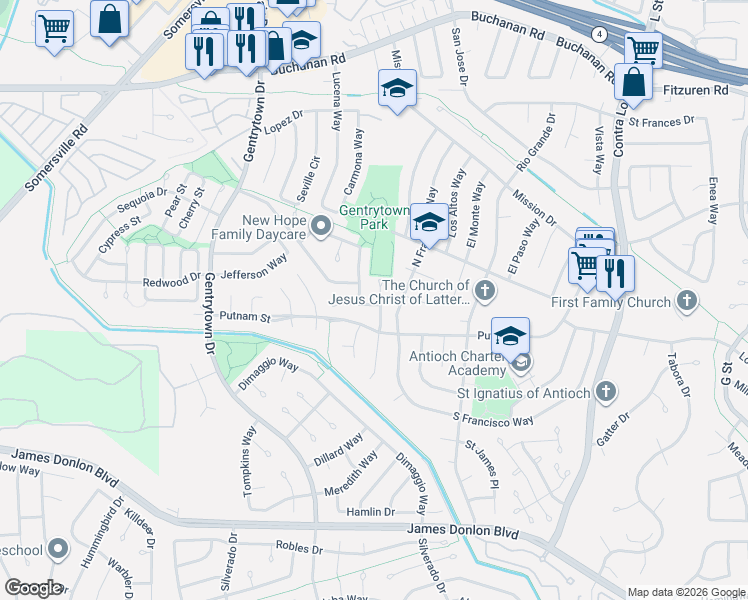 map of restaurants, bars, coffee shops, grocery stores, and more near 1701 Harding Way in Antioch