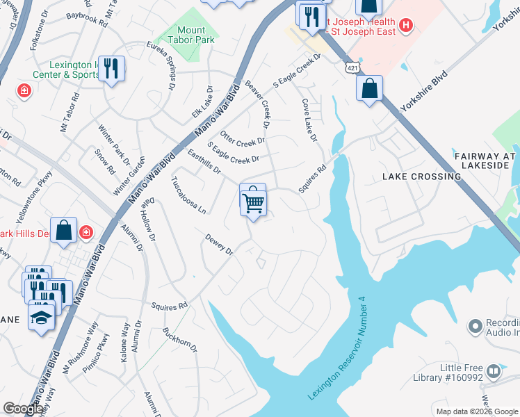 map of restaurants, bars, coffee shops, grocery stores, and more near 440 Squires Road in Lexington