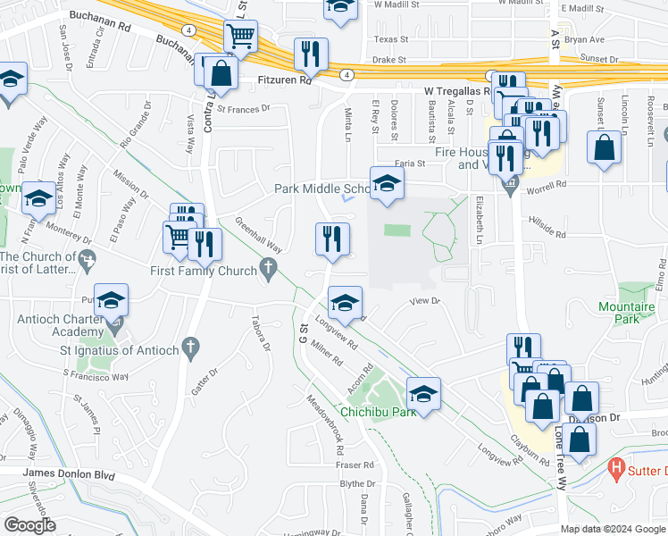 map of restaurants, bars, coffee shops, grocery stores, and more near 826 Gloucester Street in Antioch
