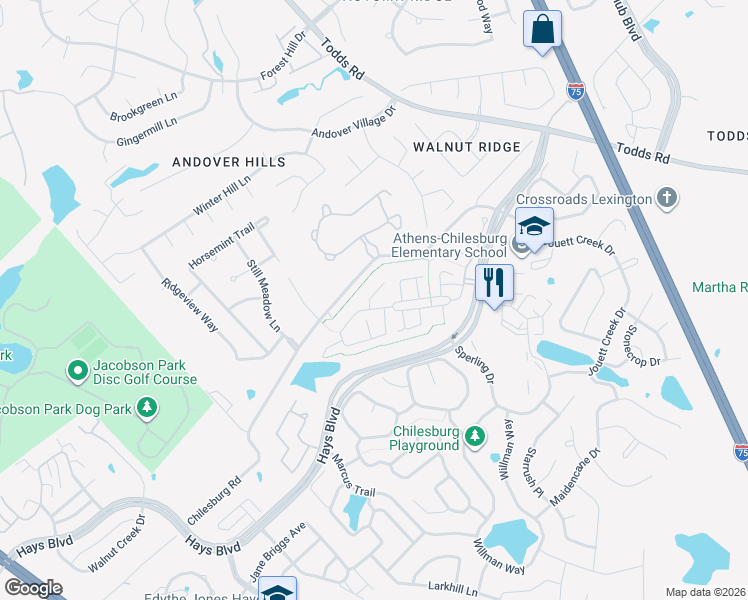 map of restaurants, bars, coffee shops, grocery stores, and more near 3801 Castlebridge Lane in Lexington