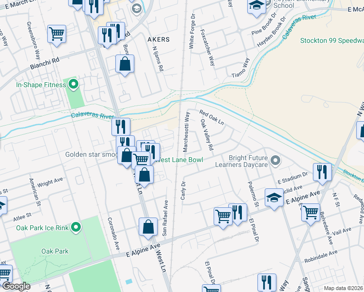 map of restaurants, bars, coffee shops, grocery stores, and more near 3906 Marchesotti Way in Stockton