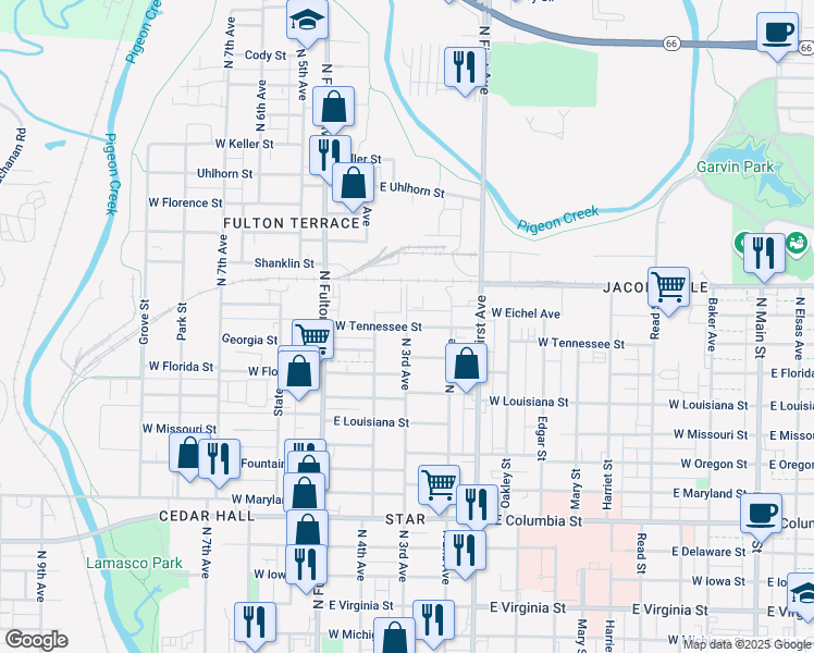 map of restaurants, bars, coffee shops, grocery stores, and more near 1401 North 3rd Avenue in Evansville