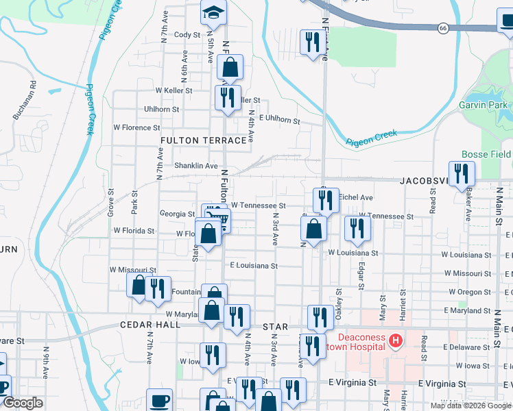 map of restaurants, bars, coffee shops, grocery stores, and more near 1398 North 4th Avenue in Evansville