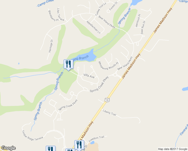 map of restaurants, bars, coffee shops, grocery stores, and more near 36 Villa Ave in Gordonsville