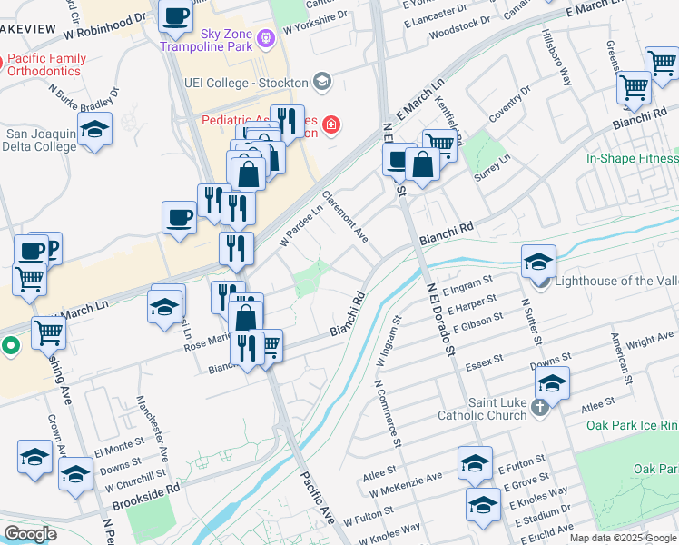 map of restaurants, bars, coffee shops, grocery stores, and more near Dardanelle Place in Stockton