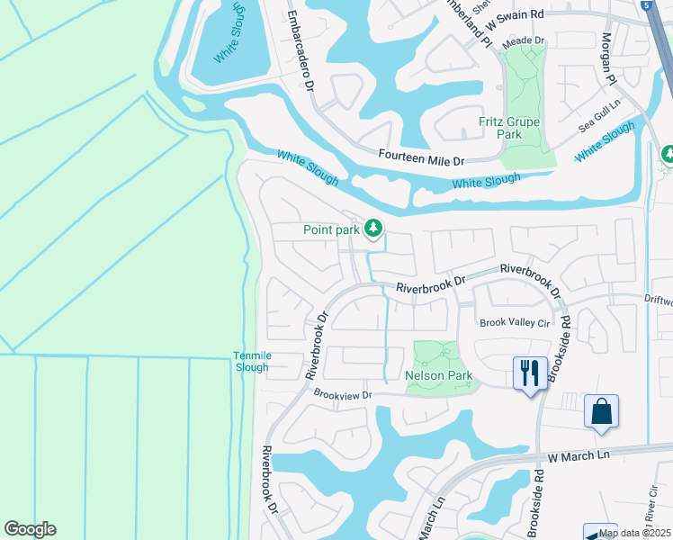 map of restaurants, bars, coffee shops, grocery stores, and more near 5911 Tugboat Lane in Stockton