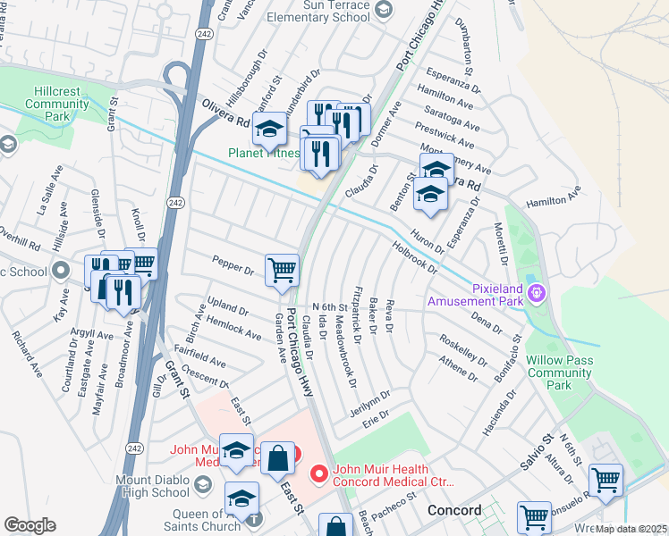 map of restaurants, bars, coffee shops, grocery stores, and more near 3242 Ida Drive in Concord