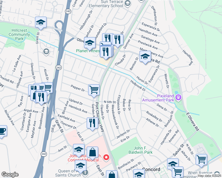 map of restaurants, bars, coffee shops, grocery stores, and more near 3242 Ida Drive in Concord