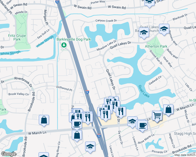 map of restaurants, bars, coffee shops, grocery stores, and more near 3911 Round Valley Circle in Stockton