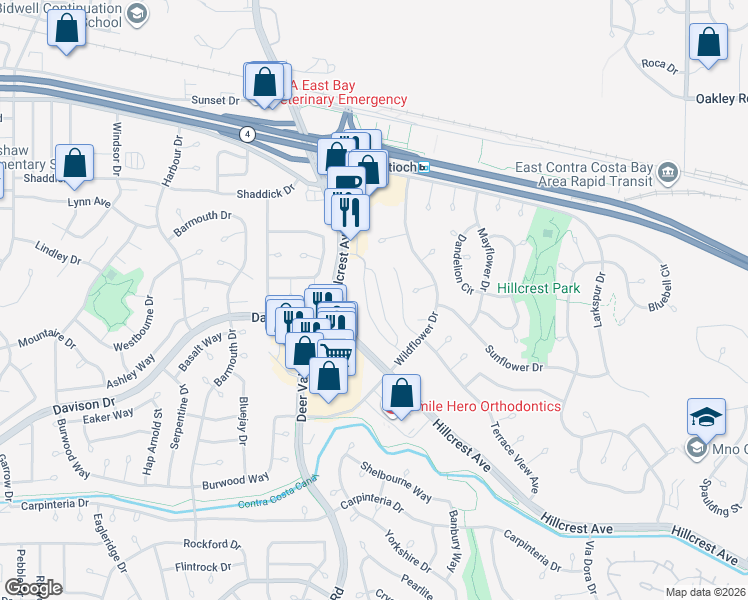 map of restaurants, bars, coffee shops, grocery stores, and more near 2500 Wildflower Station Place in Antioch