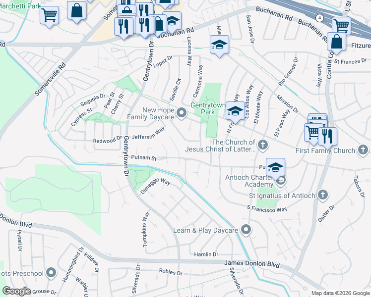 map of restaurants, bars, coffee shops, grocery stores, and more near 1824 Harding Court in Antioch