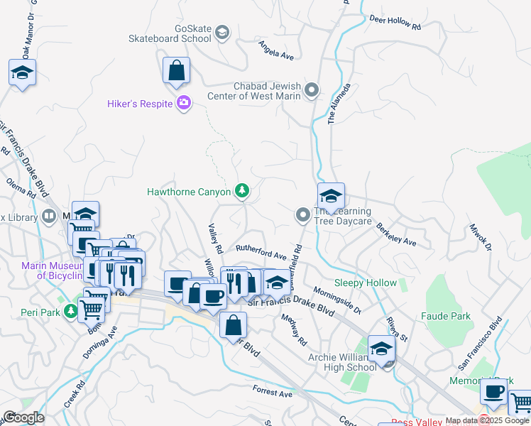 map of restaurants, bars, coffee shops, grocery stores, and more near 25 Hillcrest Court in San Anselmo
