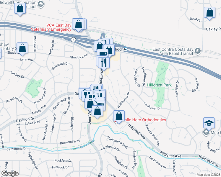 map of restaurants, bars, coffee shops, grocery stores, and more near 2778 Lily Court in Antioch